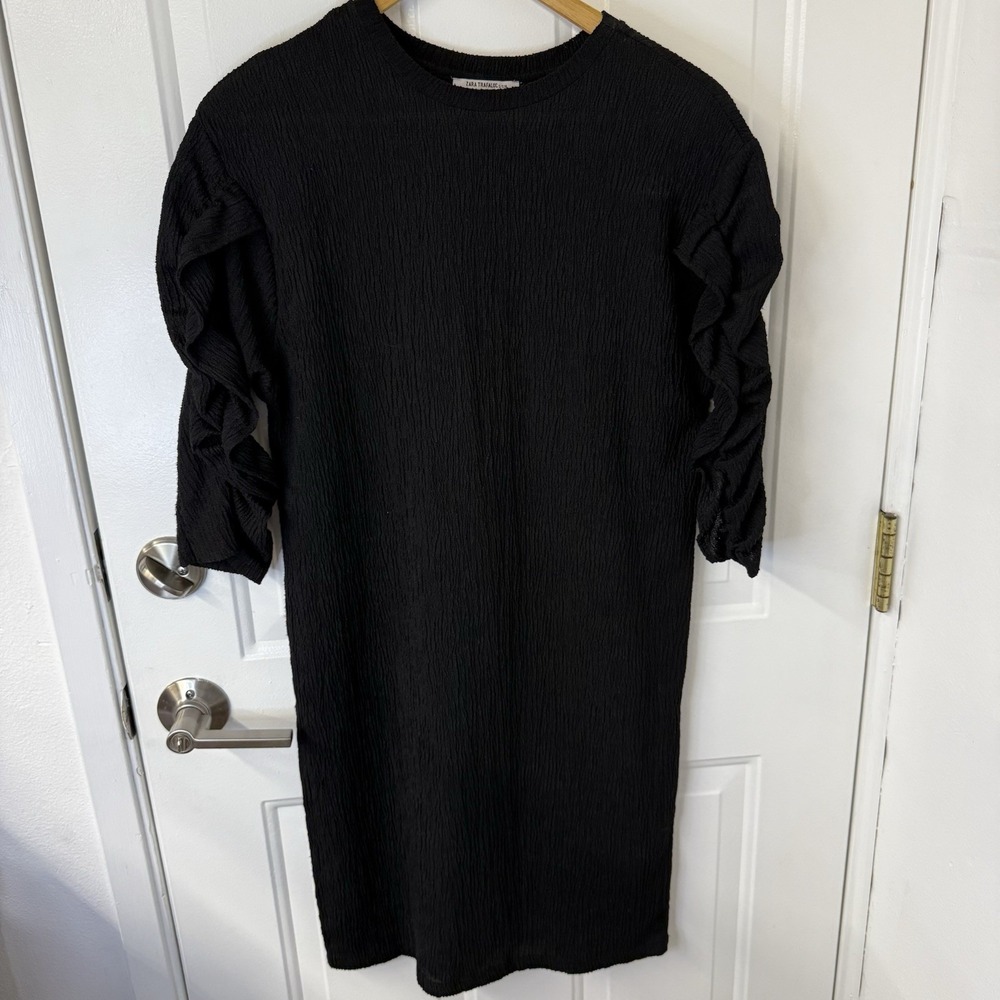 Zara Black Ruffle Sleeve Short Dress Knit Crepe Sheath‎ Bodycon LBD Size S